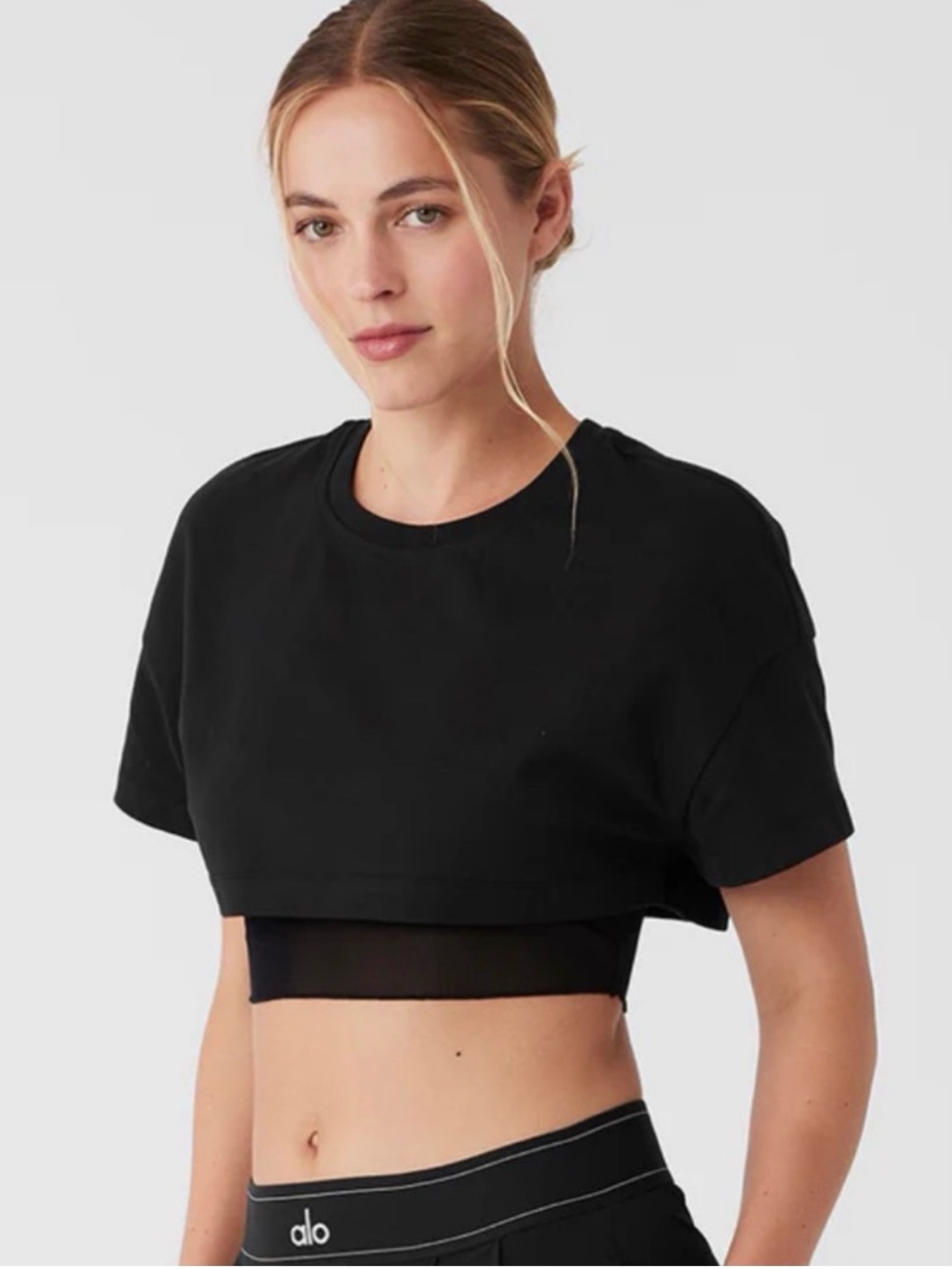 ALO YOGA- Made You Look Crop Cropped Short Sleeve Mesh Layered Tee- Black M - Picture 3 of 6